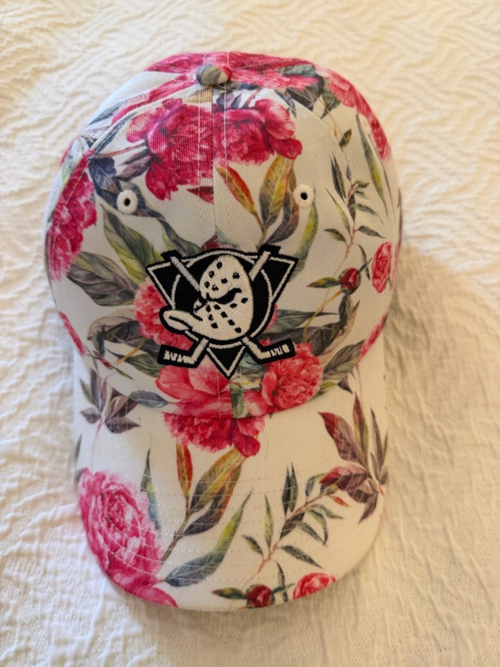 Anaheim Ducks Official NHL Floral Baseball Cap - White with Pink Flowers